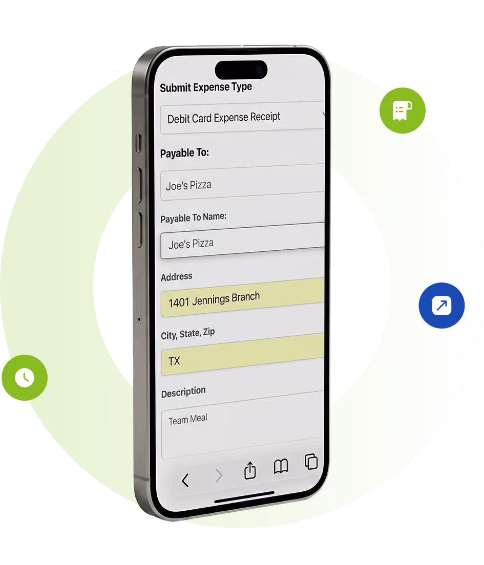 Smartphone screen displaying a form to submit an expense type for a debit card receipt with details for Joe's Pizza, address 1401 Jennings Branch, TX, and description Team Meal.