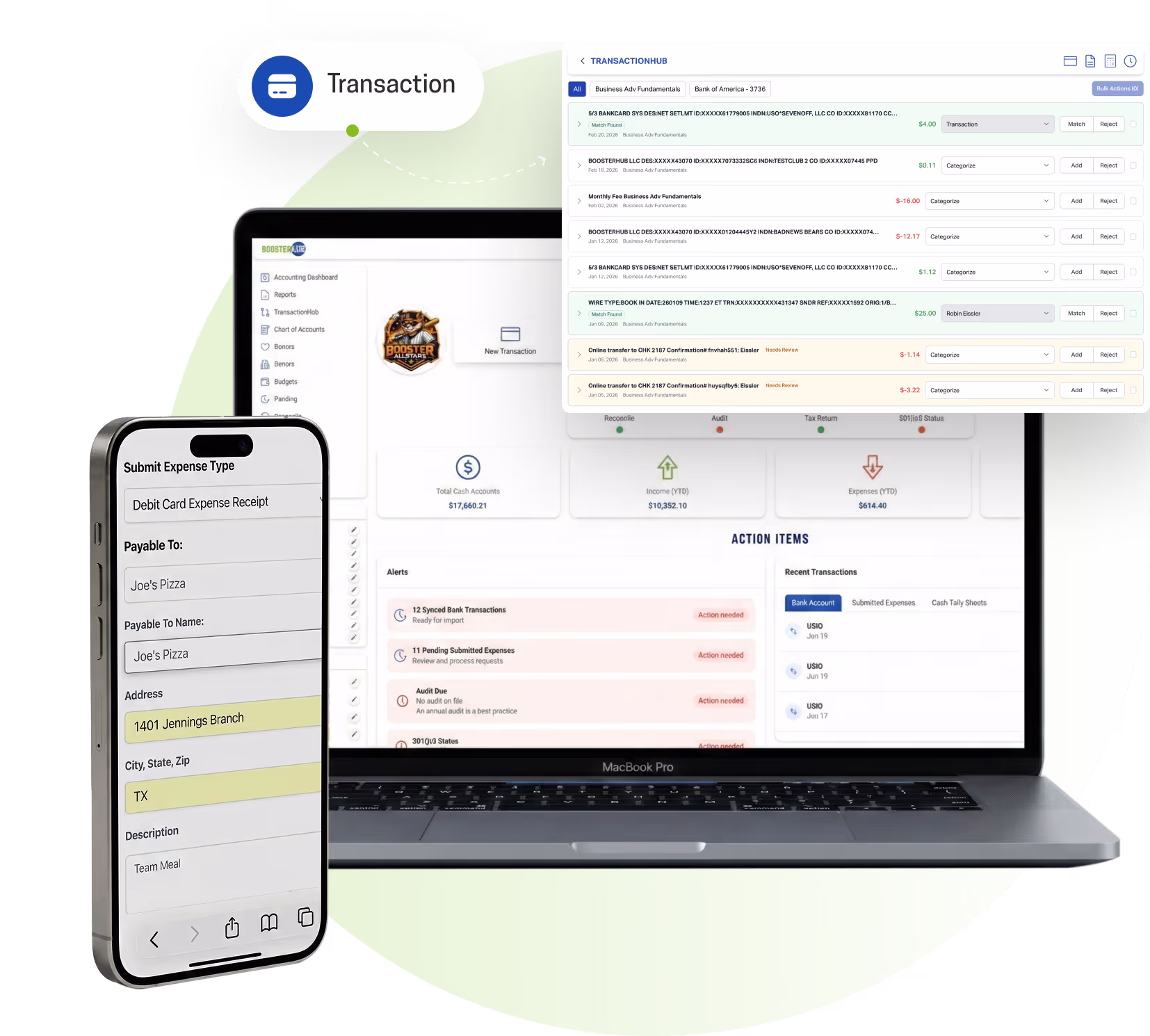 Laptop showing accounting dashboard with expense alerts and recent transactions, alongside a smartphone displaying a debit card expense receipt form for Joe's Pizza.