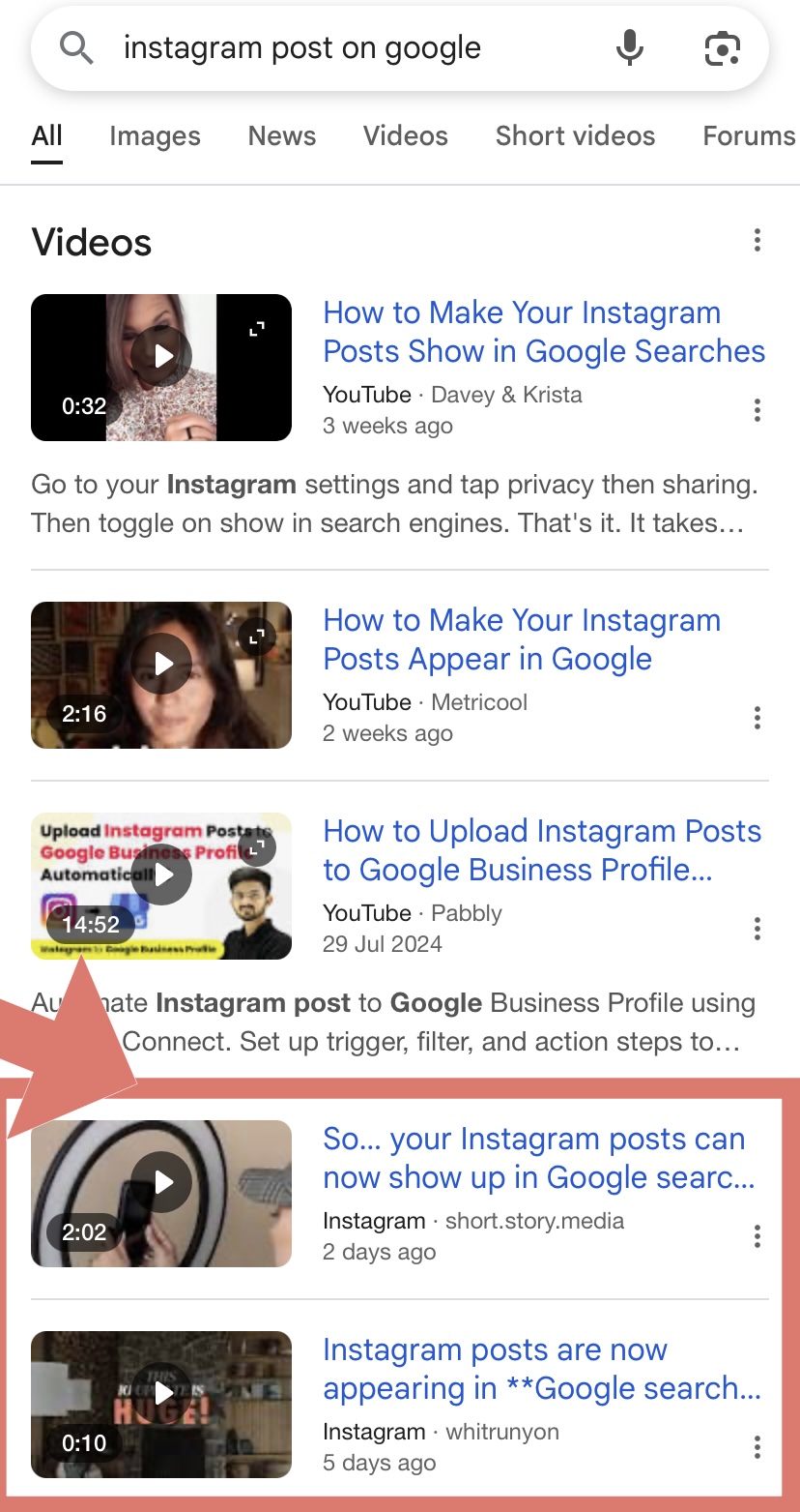 Ejemplo de una publicación de Instagram indexada en la Búsqueda de Google