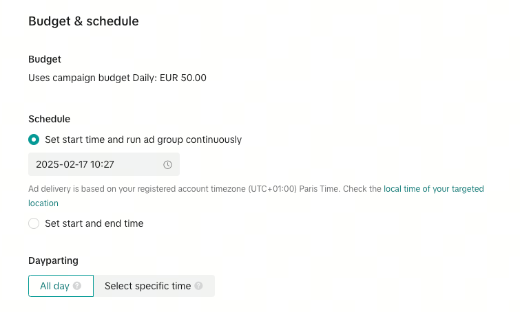 Establecer presupuesto y calendario en tiktok ads