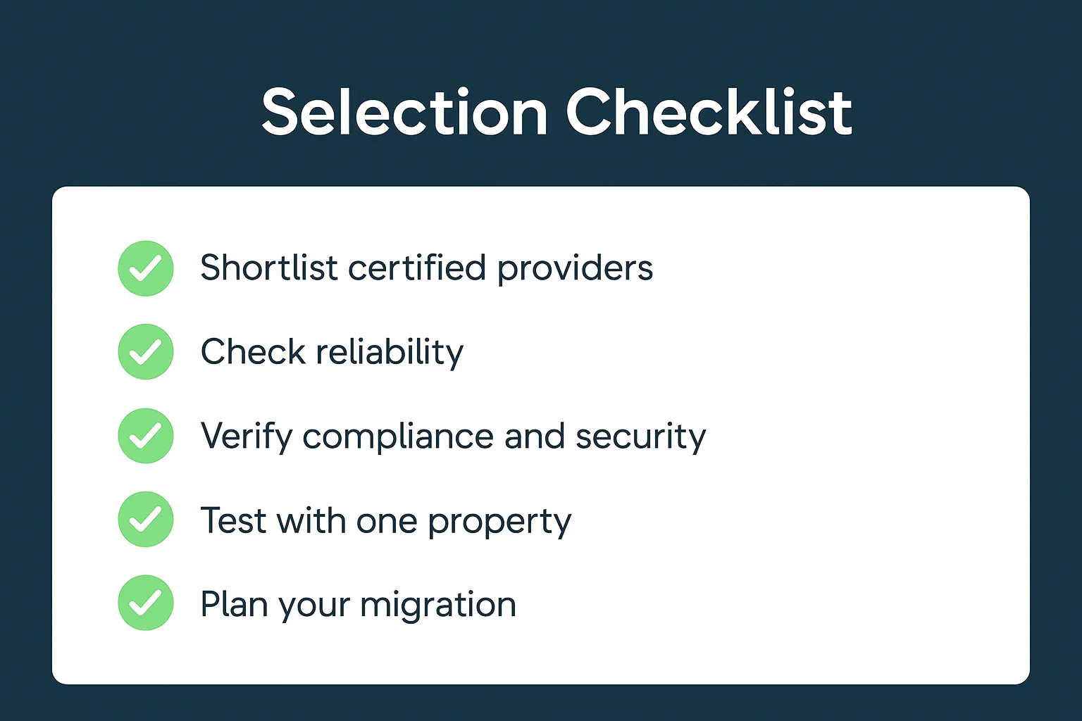 White rounded checklist card on dark teal background with green check marks.
