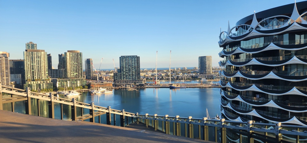Docklands waterfront viewed from a MadeComfy apartment in Melbourne