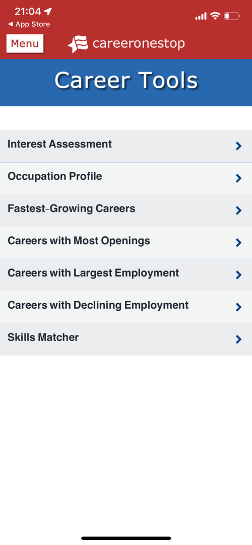 Image of the homepage for Careeronestop's mobile app