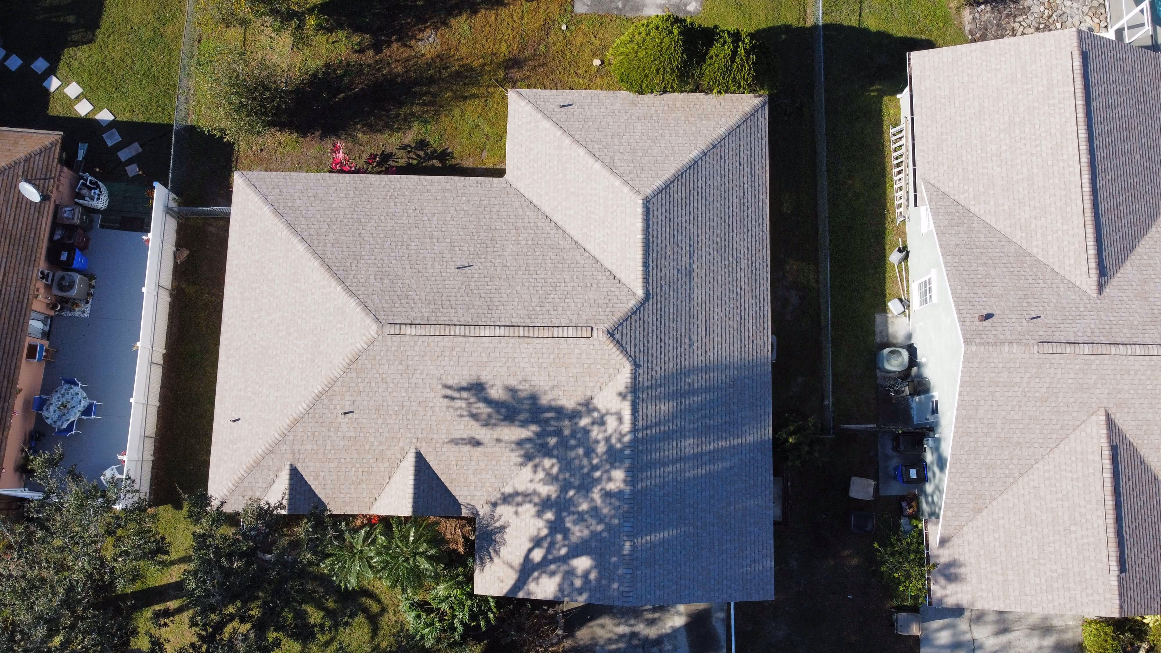 Drone photo of new roofing system on a home.