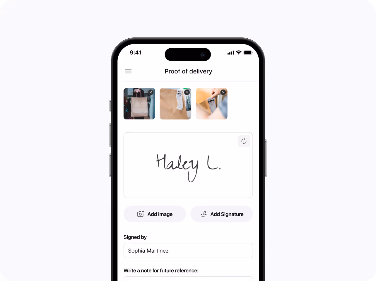 signature of client in app as proof of delivery