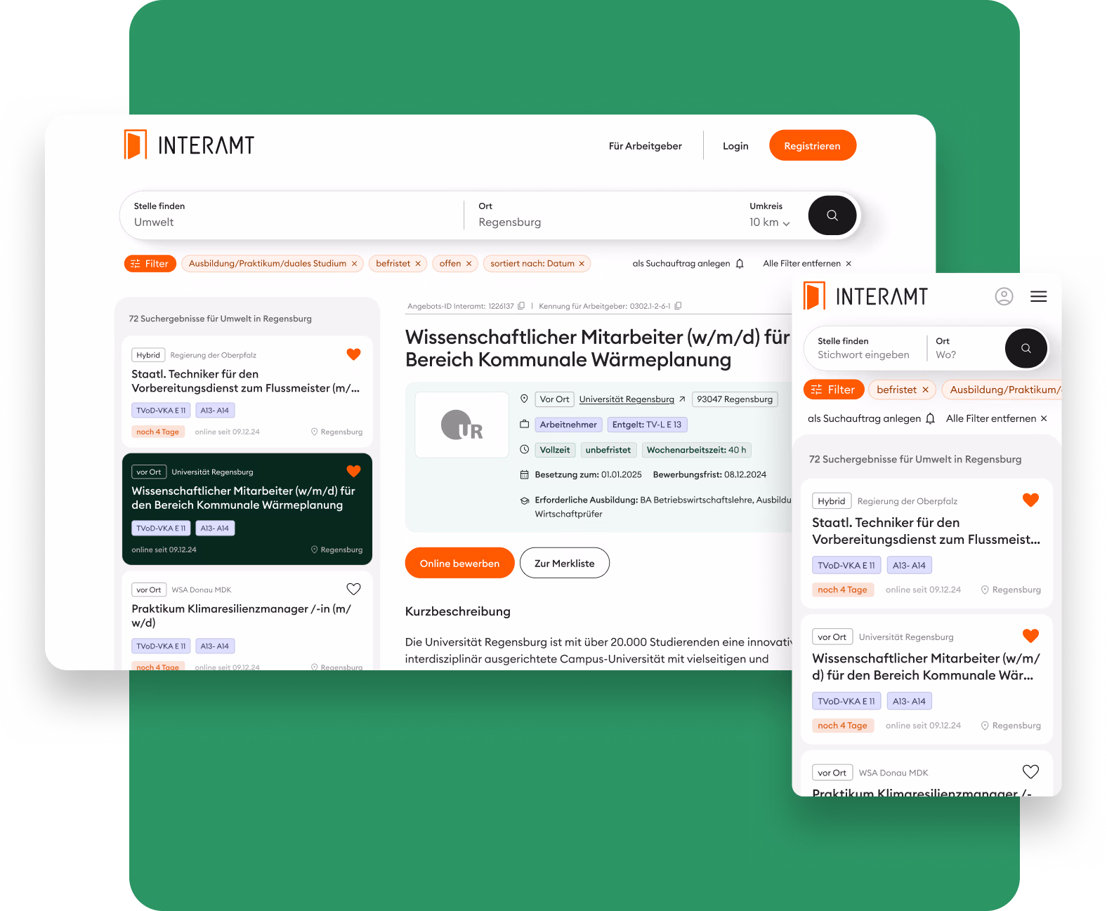 Jobsuche-Oberfläche der INTERAMT-Website mit gefilterten Stellen für Umwelt in Regensburg – auf Desktop und Mobilgerät.