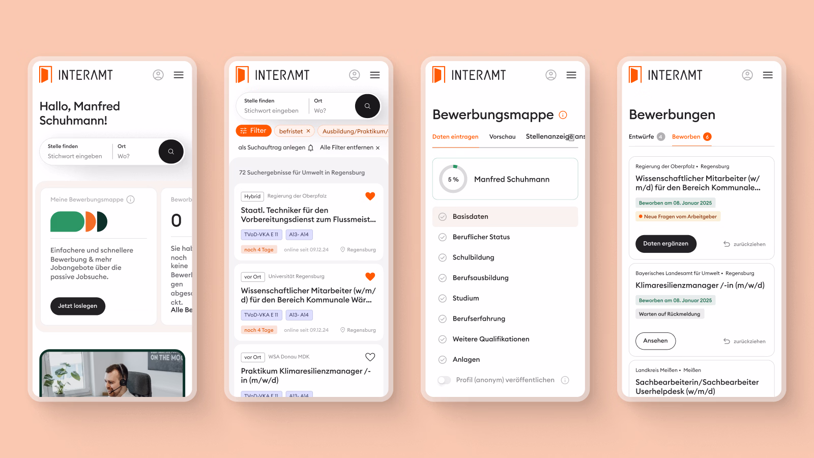 Vier Bildschirmansichten der Interamt-App zeigen Jobsuche, Bewerbungsmappe und Bewerbungen auf Deutsch.