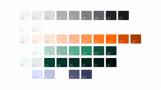 Palette mit Farbkästchen in Grautönen, Weiß, Orange, Grün und Blau, jeweils mit RGB- und Hexcode.