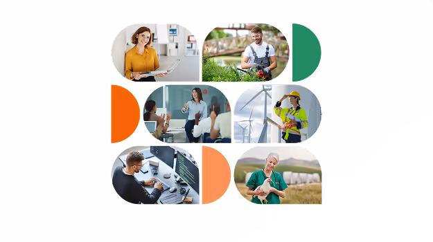 Sechs Menschen bei der Arbeit: Büro, Garten, Vortrag, Windkraft, Programmierung und Landwirtschaft.