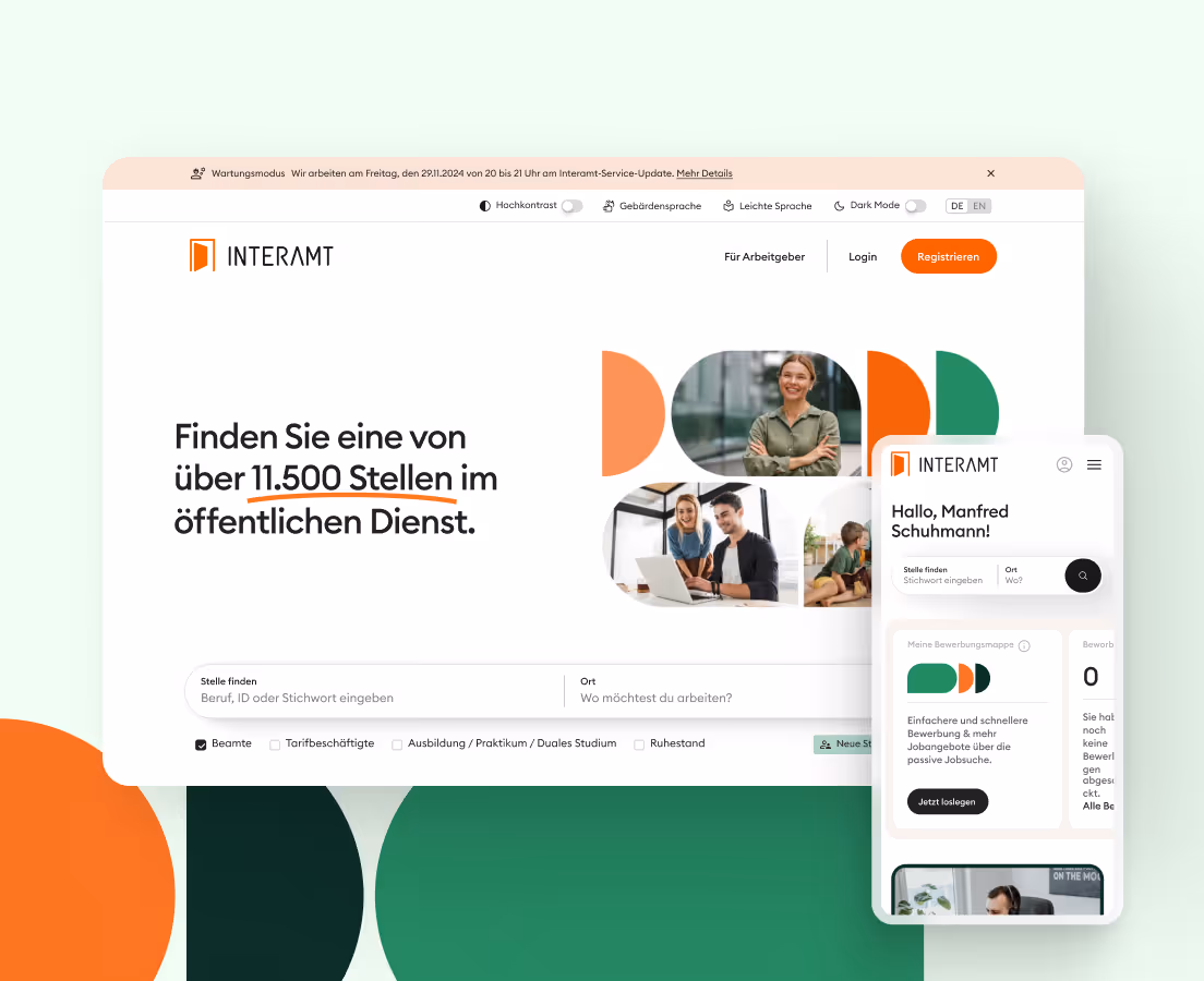 INTERAMT-Website zeigt Suche von über 11.500 Stellen im öffentlichen Dienst mit Suchfeldern und Bildern.