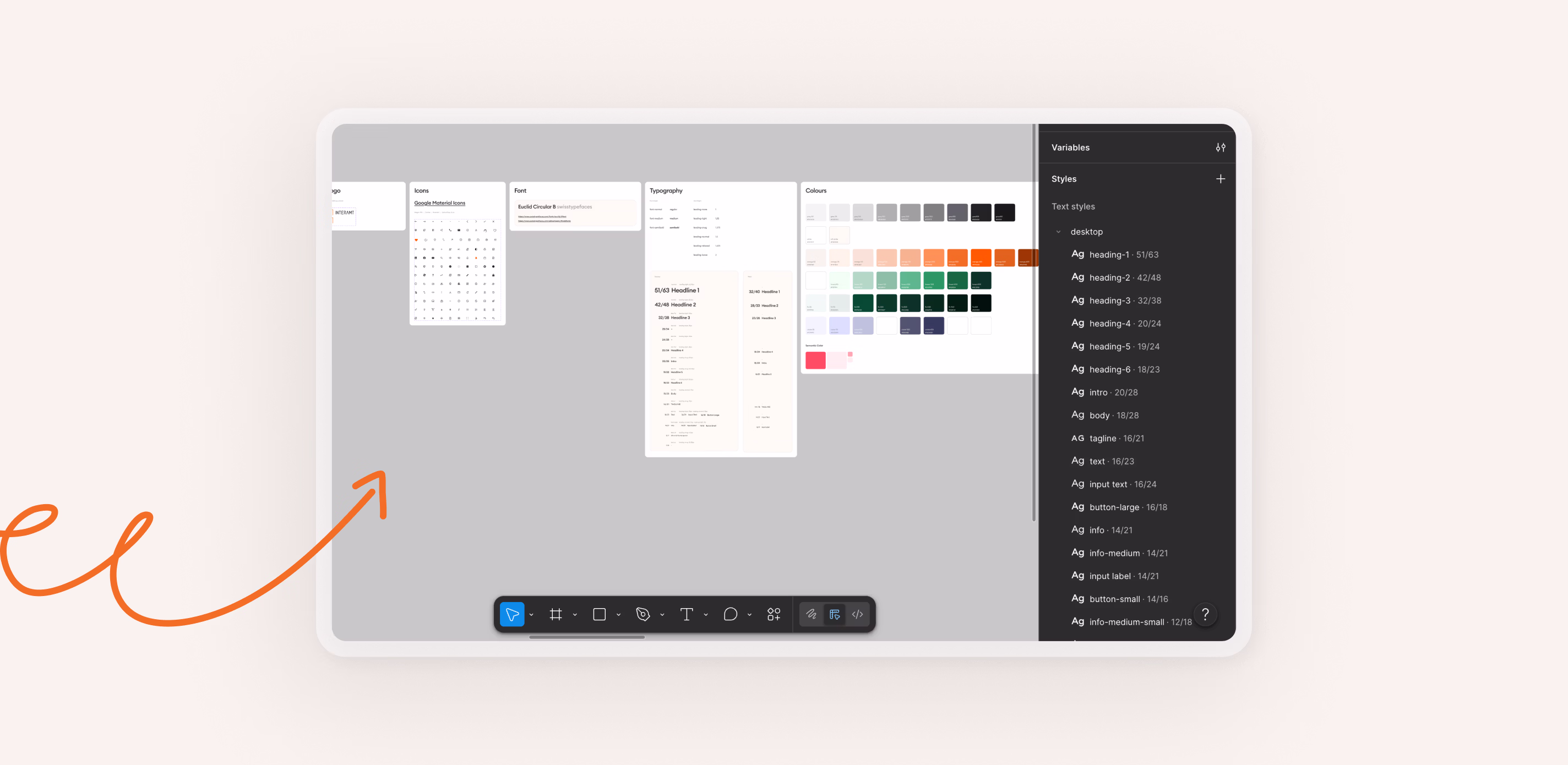 Benutzeroberfläche eines Designsystems zeigt Typografie, Farben, Schriftarten und Textstiloptionen.