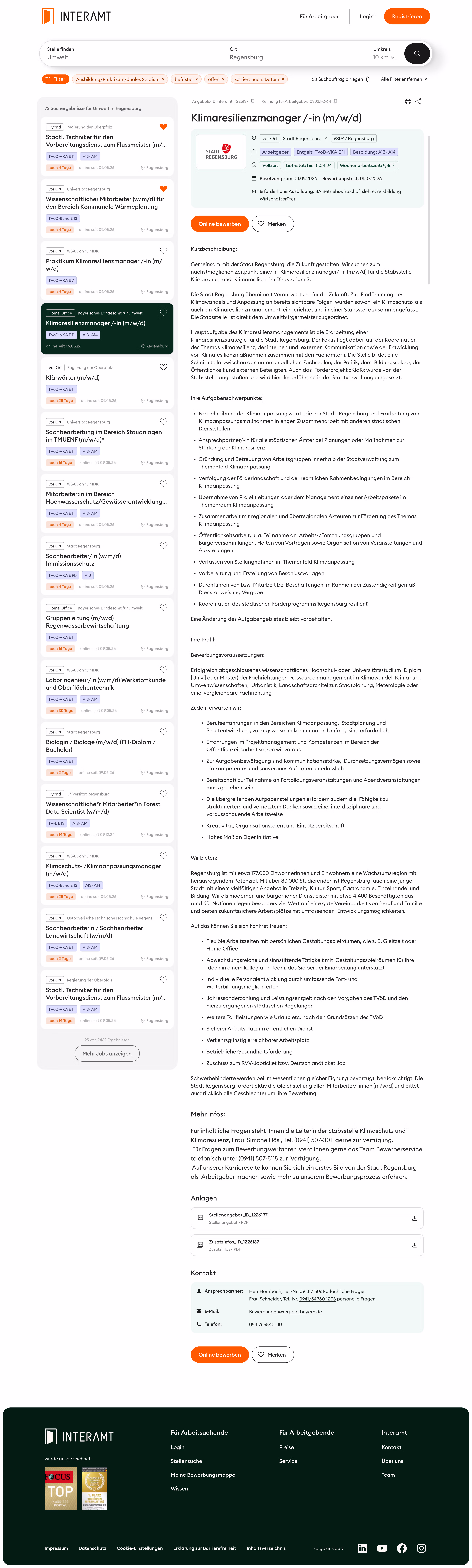Stellenanzeige für Klimarisikomanager in Regensburg auf der Interamt-Seite mit Stellendetails und Bewerbungsoptionen.