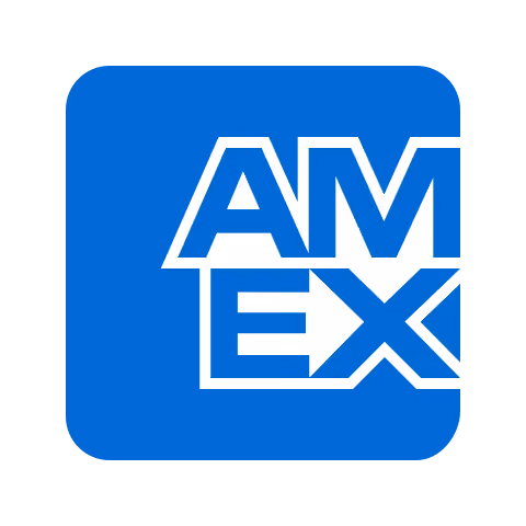 Blue square with white letters 'AMEX' representing American Express logo.