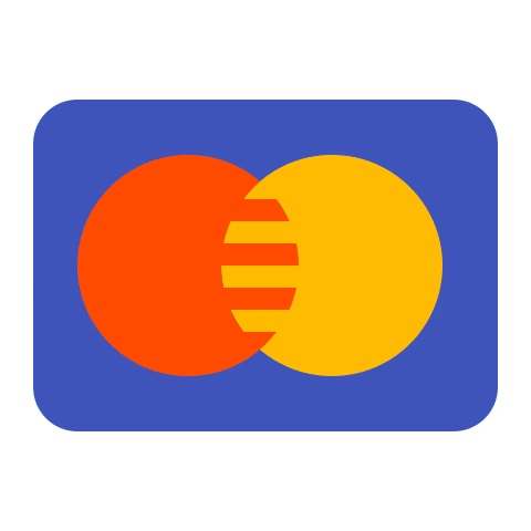 Mastercard logo with overlapping red and yellow circles on a blue rounded rectangle background.