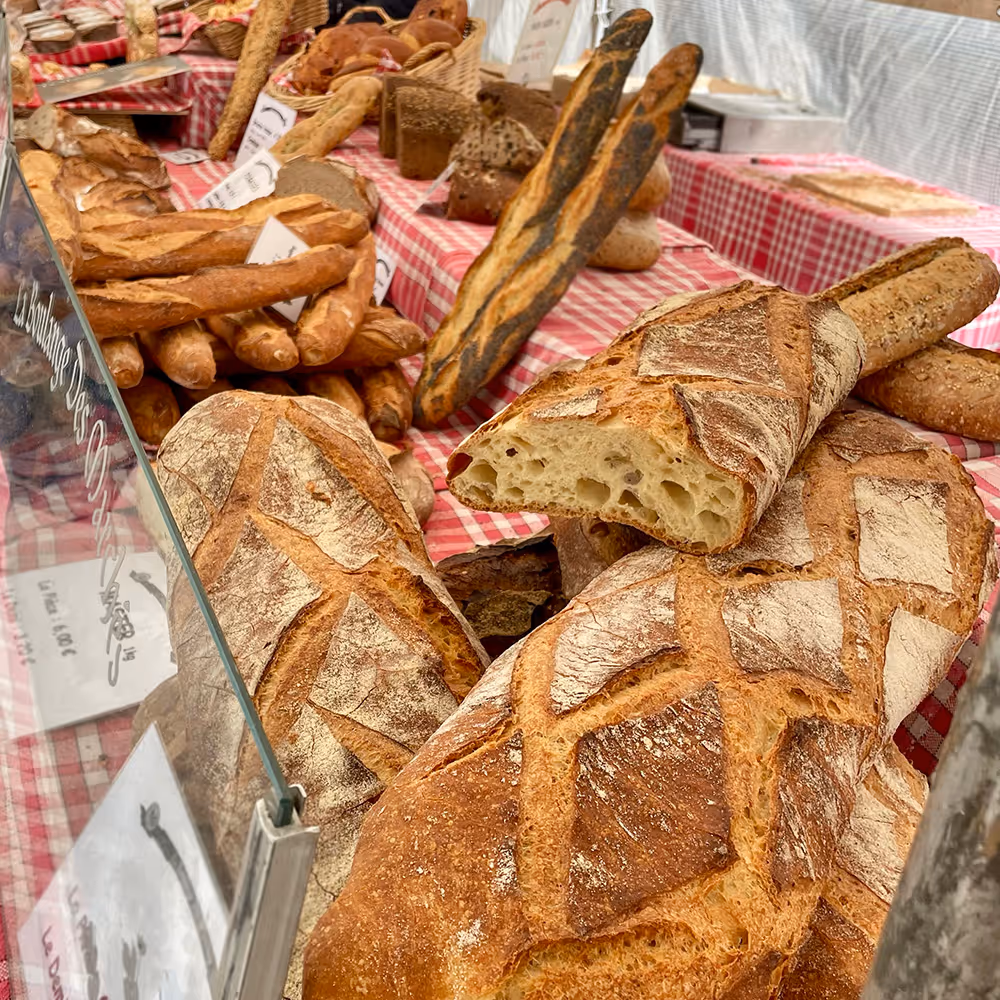 bread counter with different types of french bread
