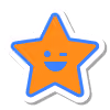 Orange five-pointed star with a happy face and blue outline.