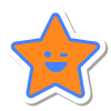 Orange five-pointed star with a happy face and blue outline.
