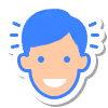 Smiling person with blue hair and rays around their head indicating happiness or excitement.