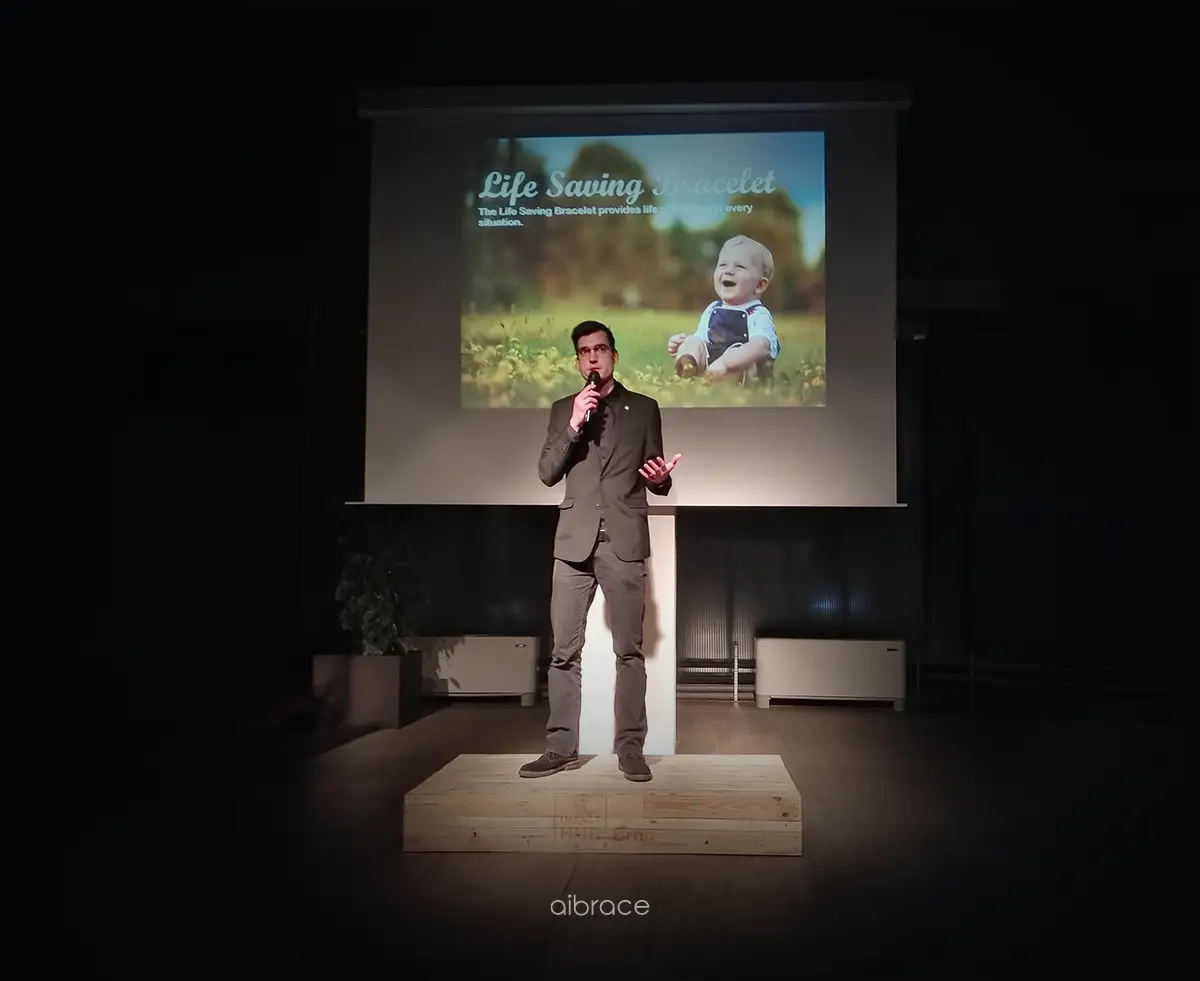 Svätopluk Blažej presents his idea for a smart bracelet for personal safety.