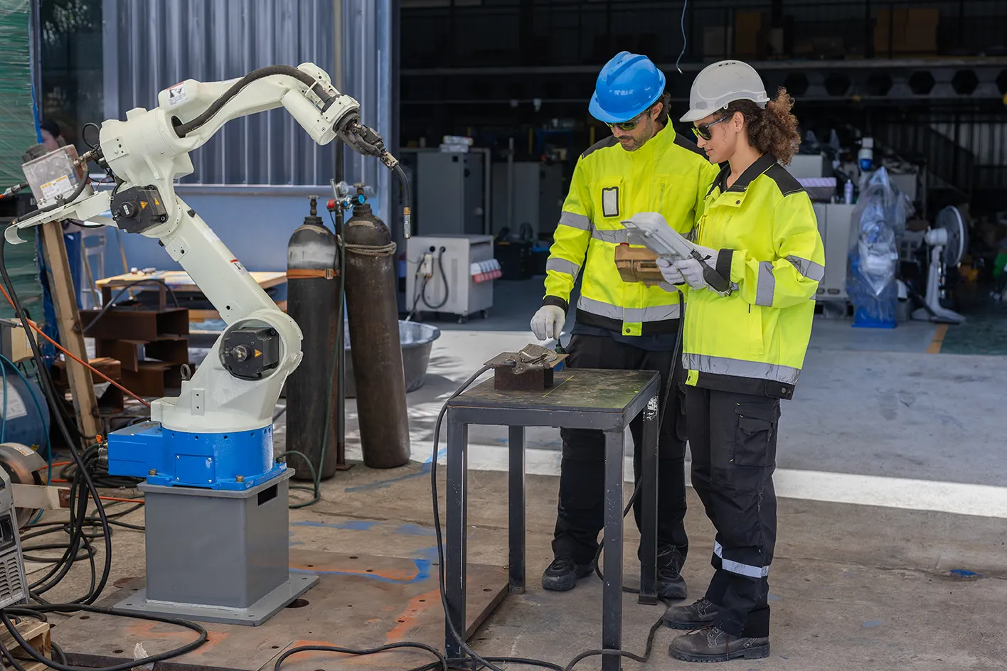 Workers checking production data on a tablet next to a robotic welding cell