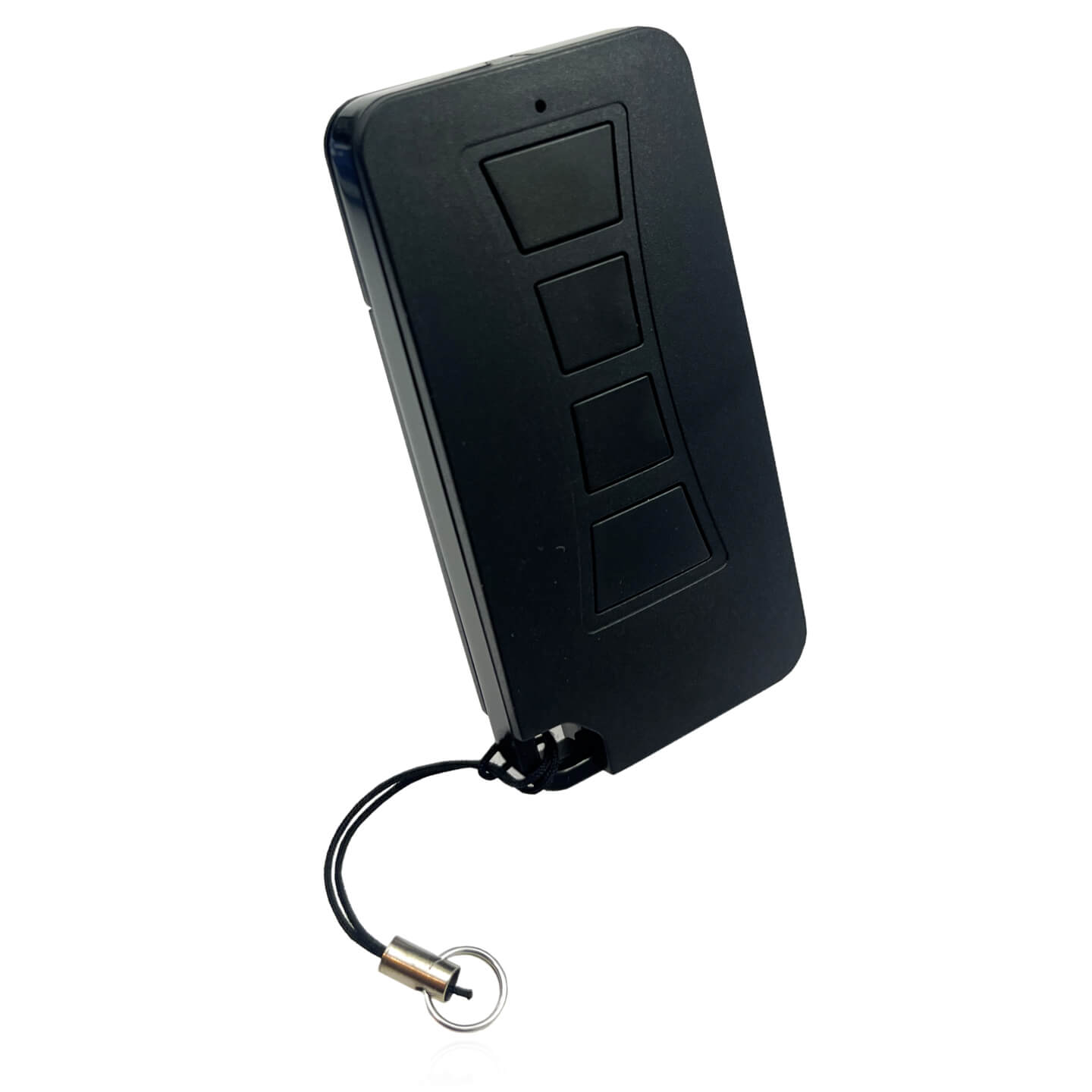 Bilde av sort fjernkontroll med fire knapper, samt snor for nøkkelring