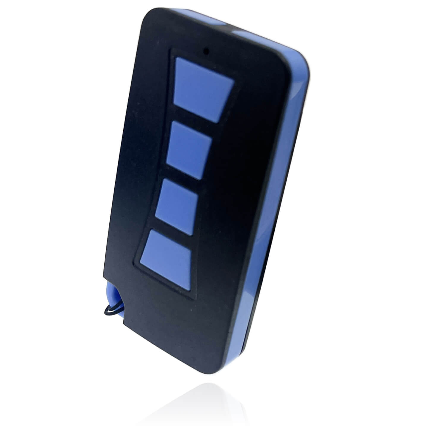 Bilde av sort fjernkontroll med fire knapper, samt snor for nøkkelring