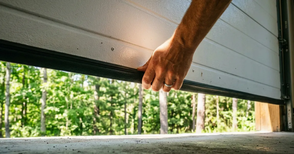 Hånd som løfter garasjeport i stål med sort bunnlist