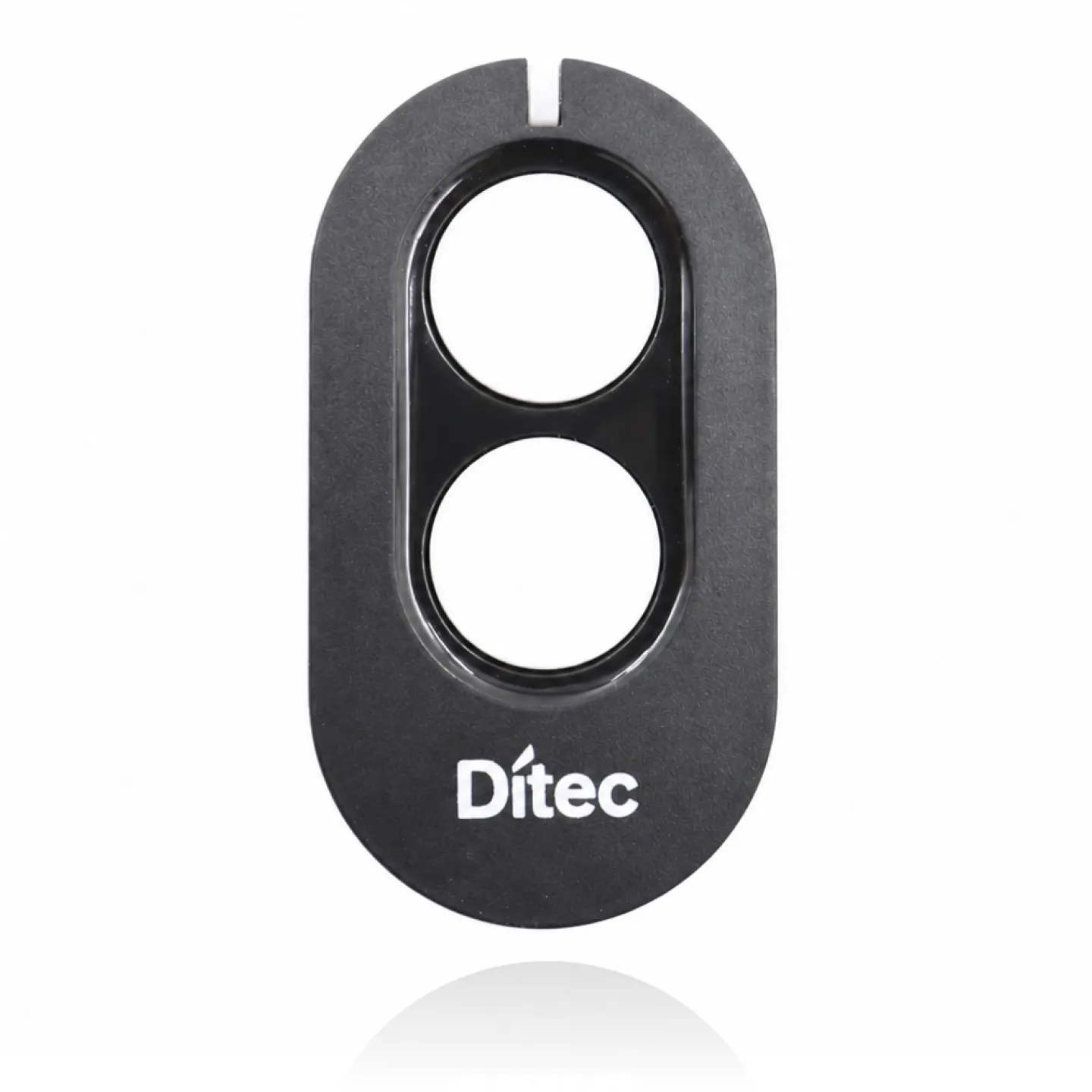 Bilde av sort fjernkontroll med to hvite knapper, hvit Ditec logo