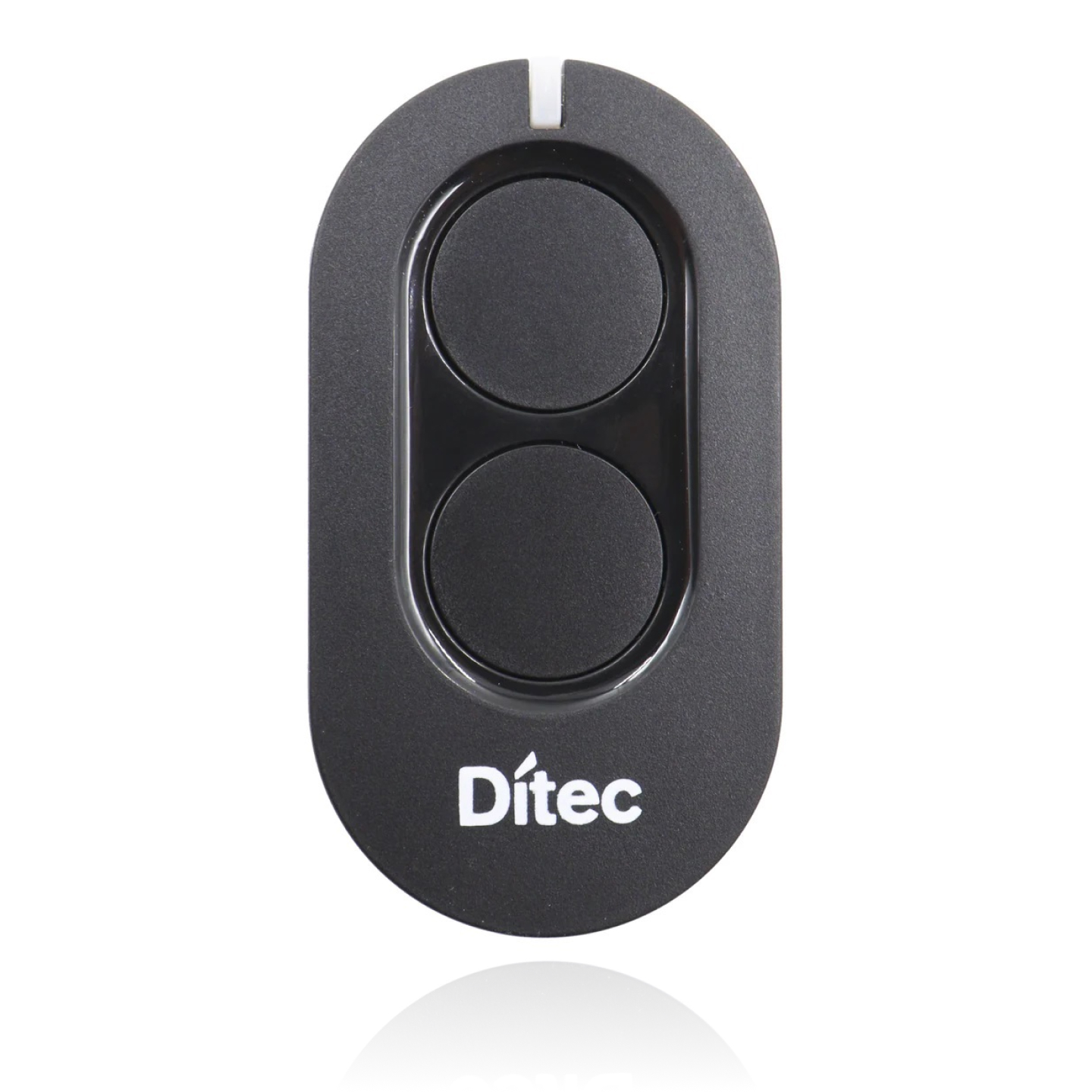 Bilde av sort fjernkontroll med to sorte knapper, hvit Ditec logo