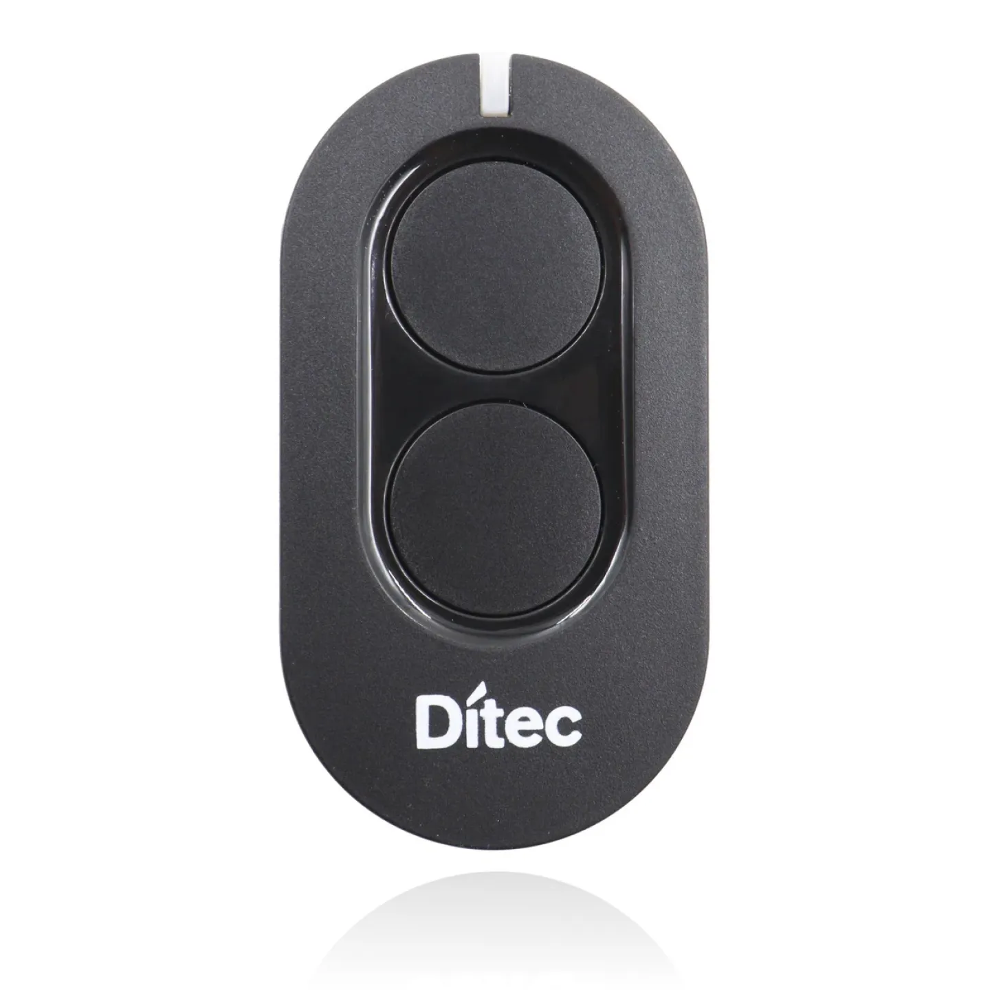Bilde av sort fjernkontroll med to sorte knapper, hvit Ditec logo