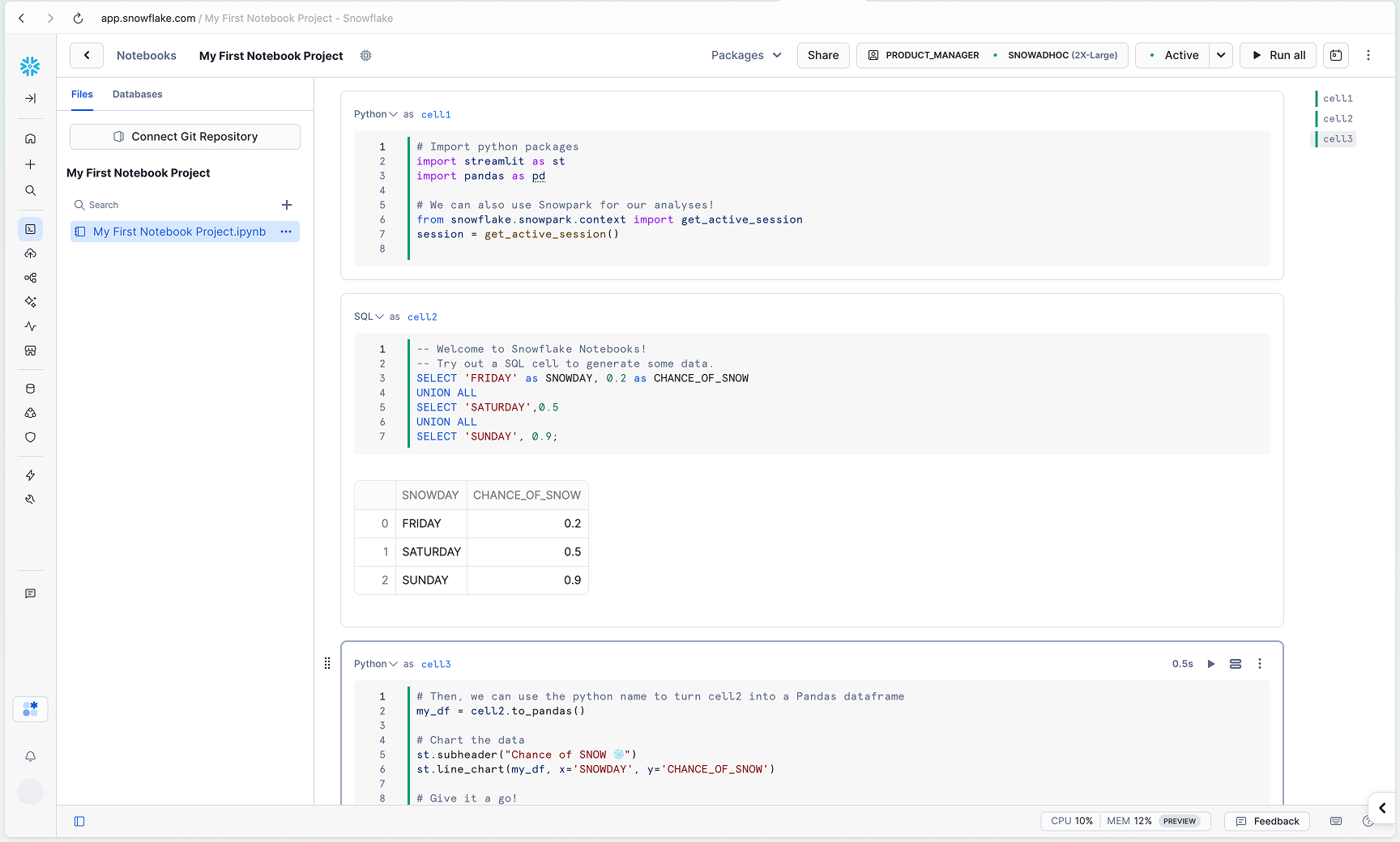Snowflake data engineering notebook