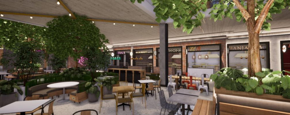 A dining area outside of restaurants with trees around it.