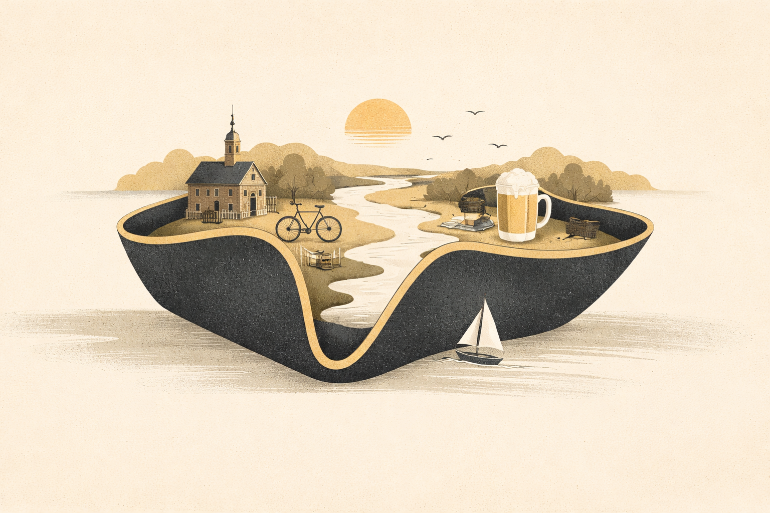 Illustrations of things to do in Williamsburg, all contained within a hat.