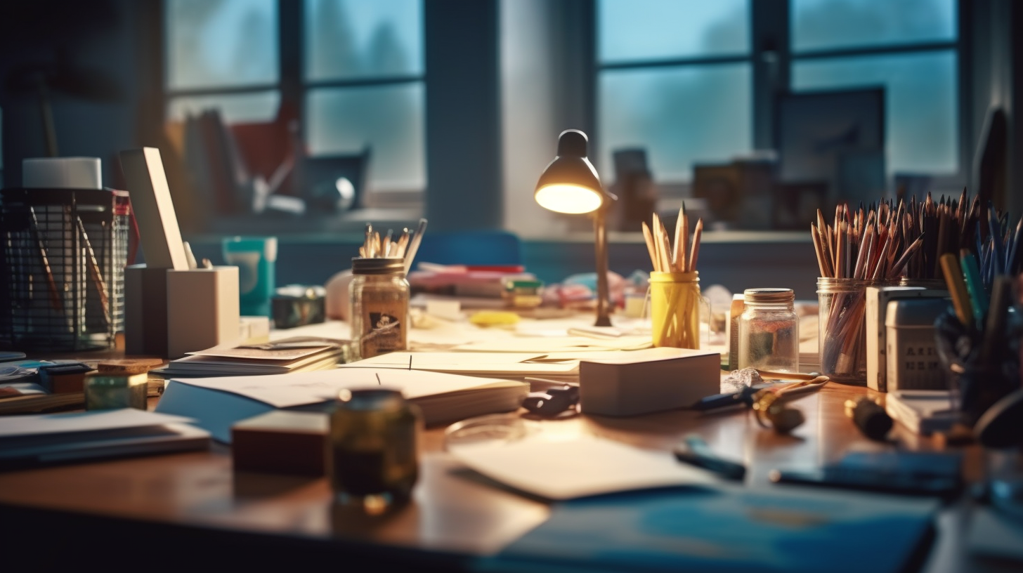 A disheveled desk after a long day of creative work.