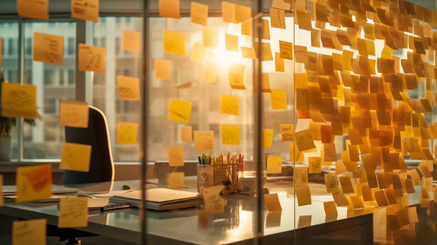 Leftover Post-Its cover all available surfaces after a brainstorm.