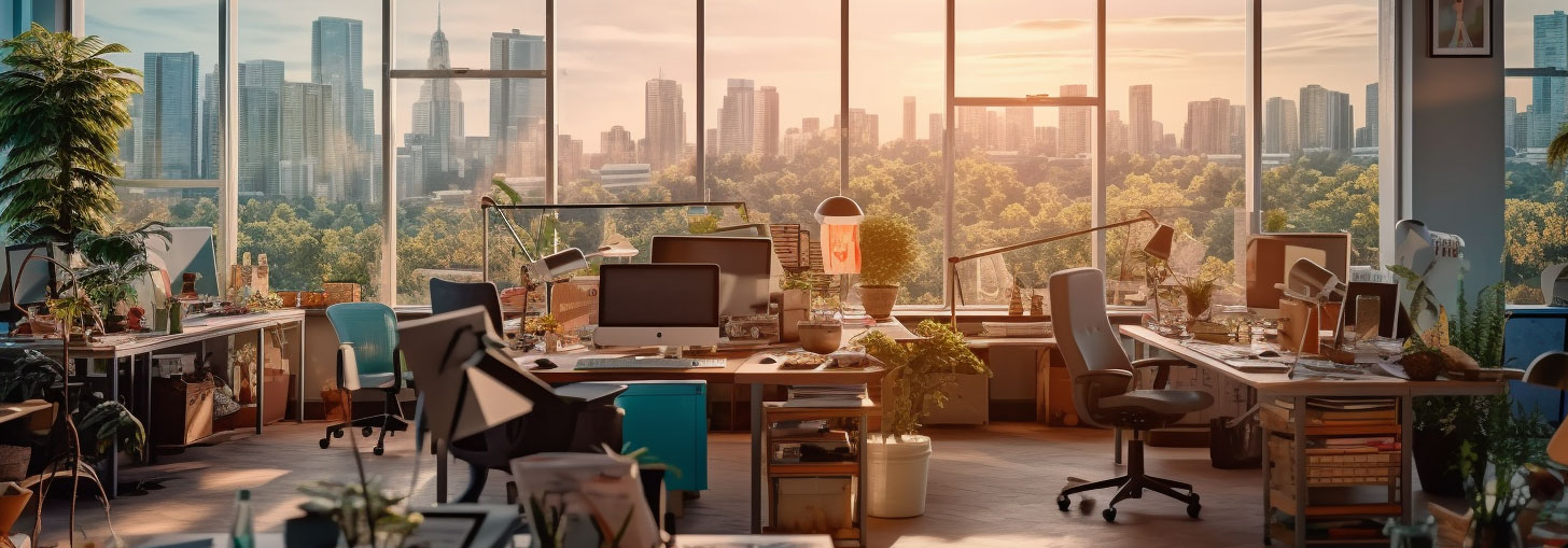 A sunny marketing office looking over a city.
