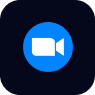 White video camera icon inside a blue circle on a dark square background.