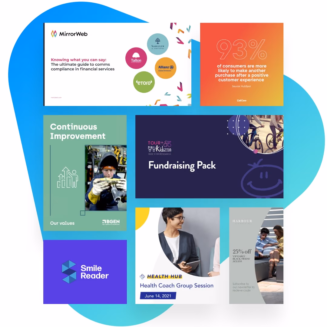 Collage of business slide images including MirrorWeb, fundraising, Smile Reader, health coach session, and promotion.