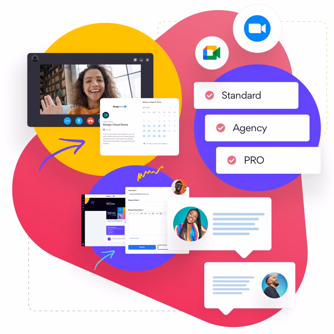 Illustration showing video call, calendar scheduling, chat messages, and plan options: Standard, Agency, and PRO.