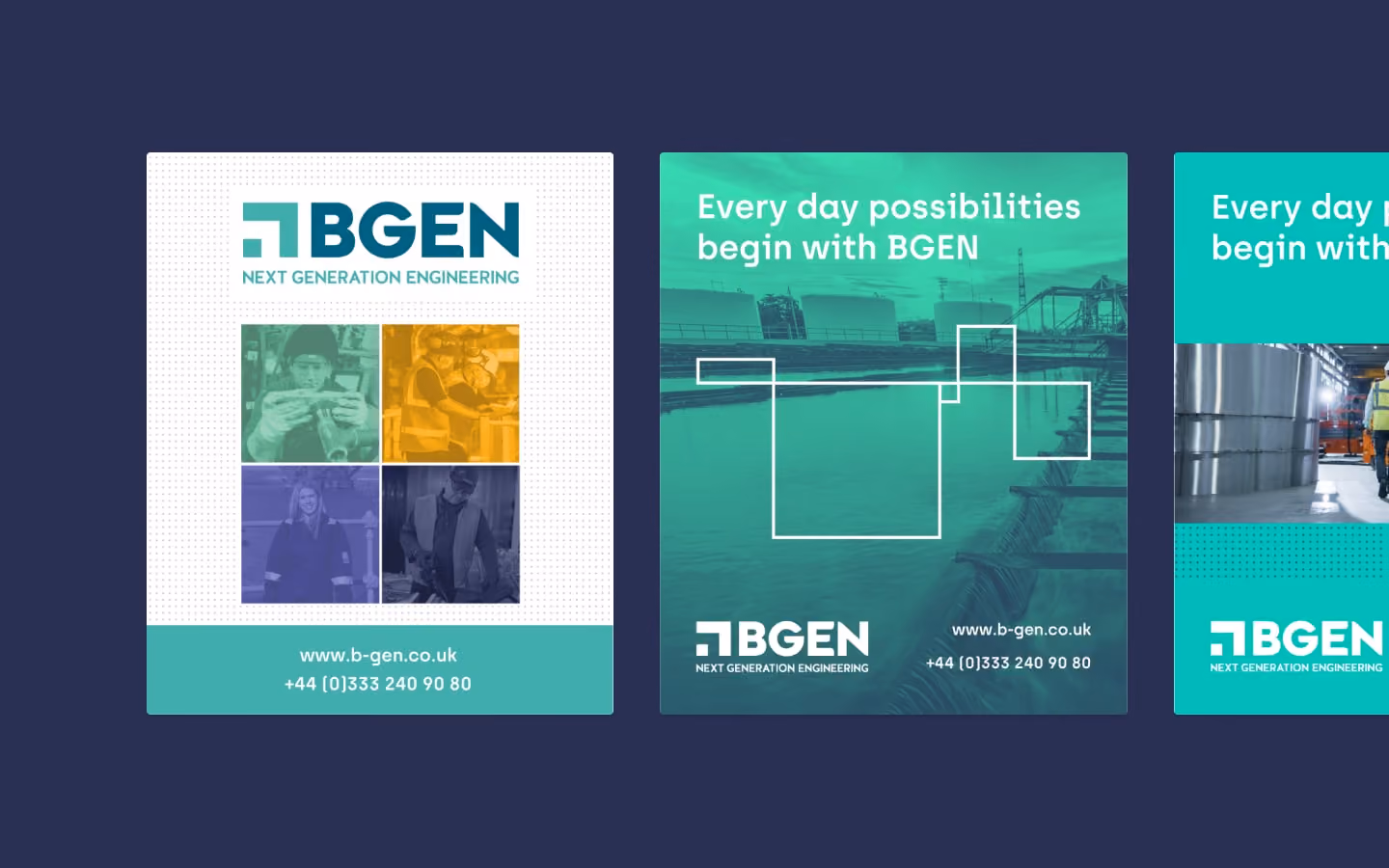 Three BGEN branded engineering flyers: logo, contact, workers, and industrial backgrounds.