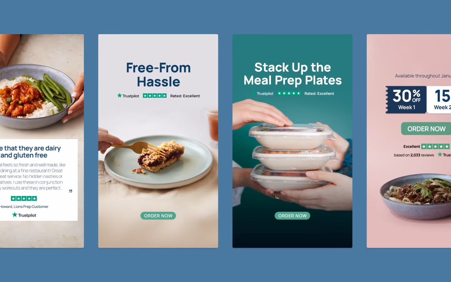 Four promotional banners showing healthy meal prep dishes and discounts from Lions Prep.