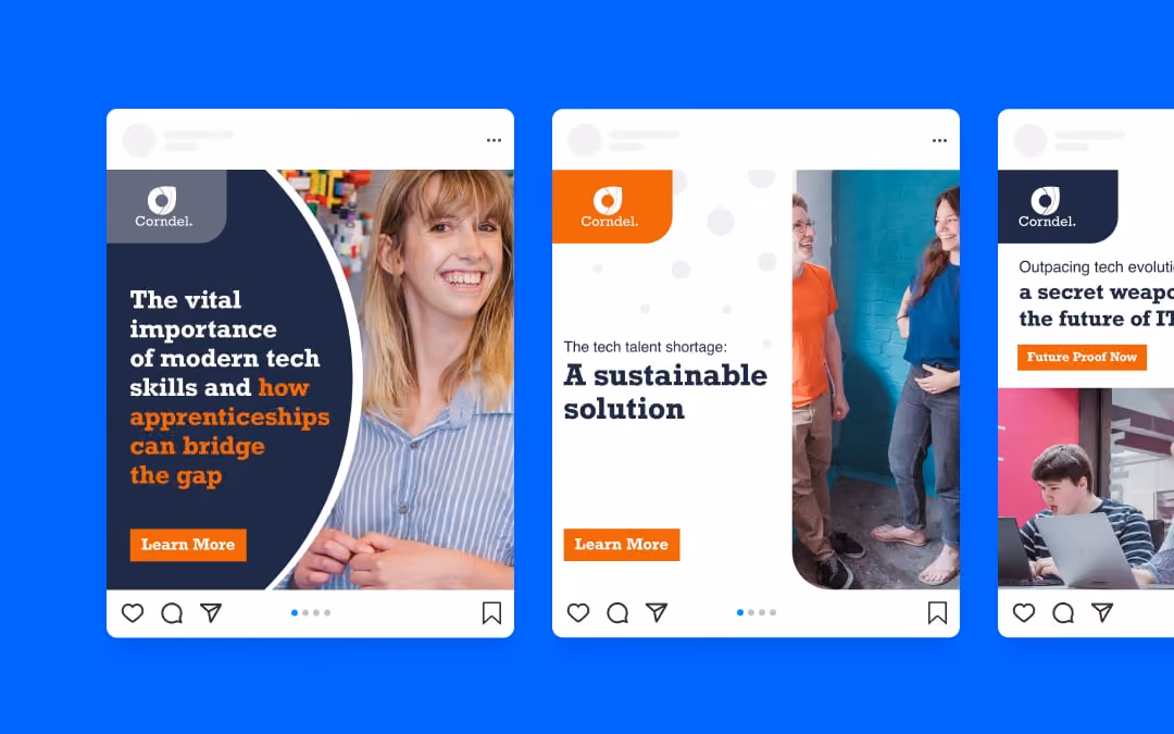 Three social media posts about tech skills, apprenticeships, and sustainable solutions with diverse people.