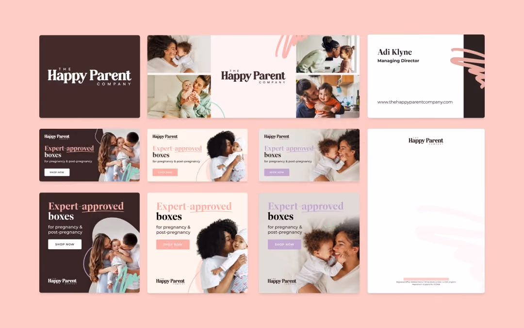 Branding templates for The Happy Parent Company featuring logos, parent-child photos, and expert-approved box ads.