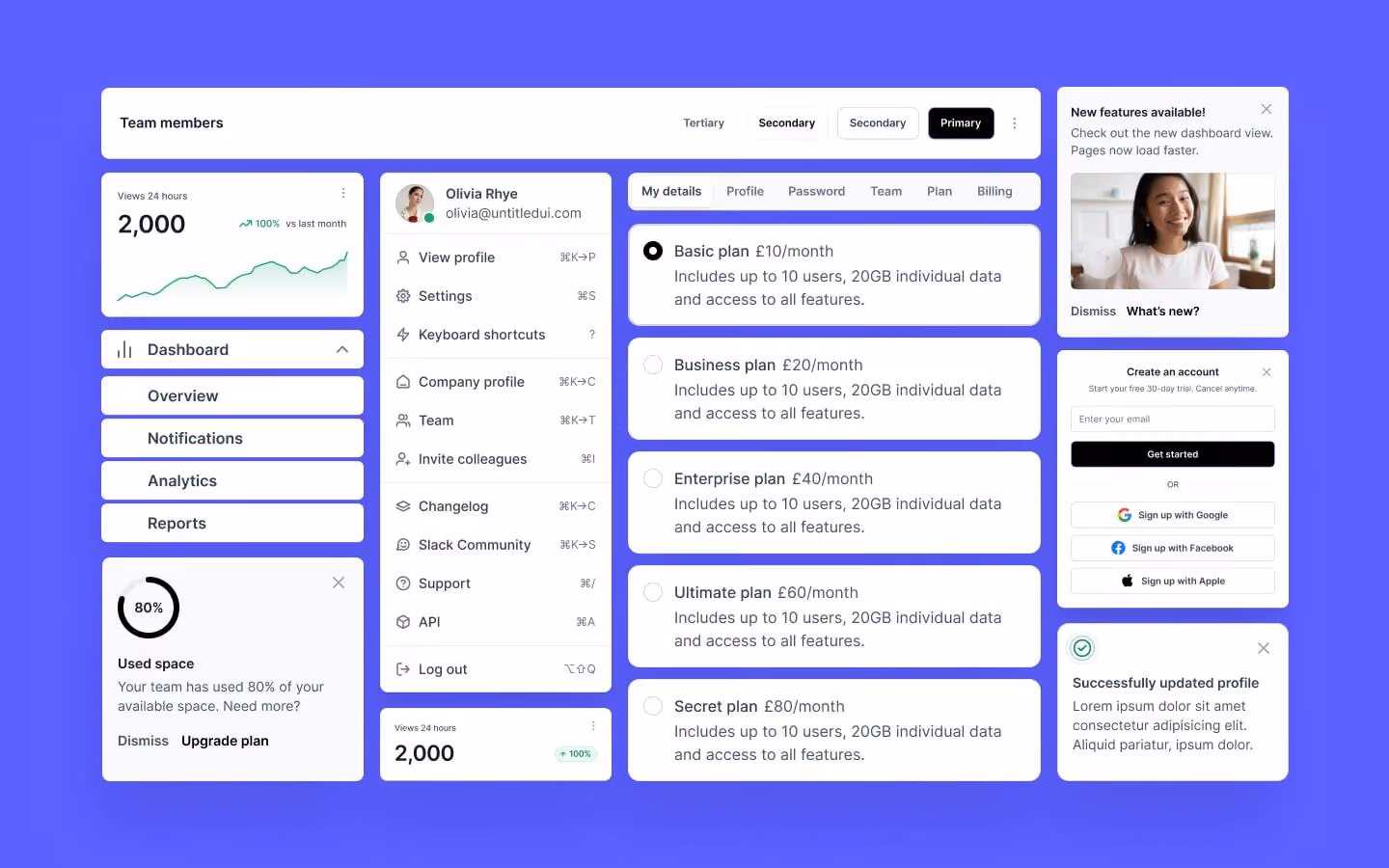 Dashboard UI with team members, usage stats, plan options, profile update, and account creation panels.