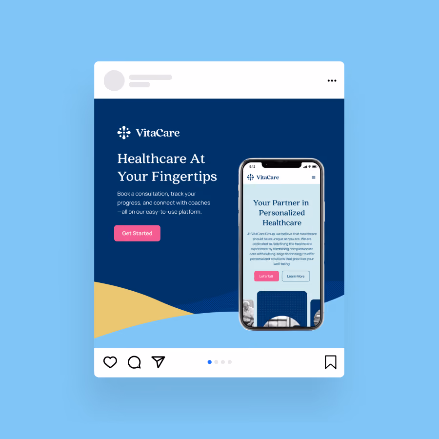 VitaCare ad showing mobile platform for personalized healthcare with consultation and coaching features.