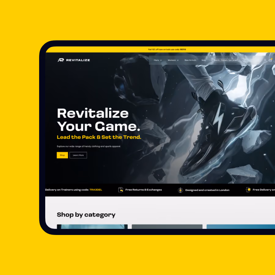 Revitalize website homepage featuring a black sports shoe with lightning design and promotional text.