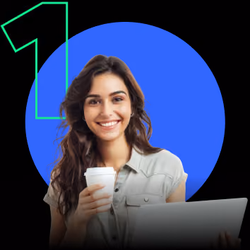 Smiling woman holding a cup in one hand and a laptop in the other in front of a blue circle and green number one.