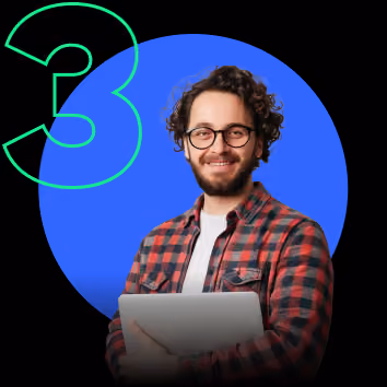 Smiling man with glasses holding a laptop, wearing a checkered shirt against blue circle and number 3.