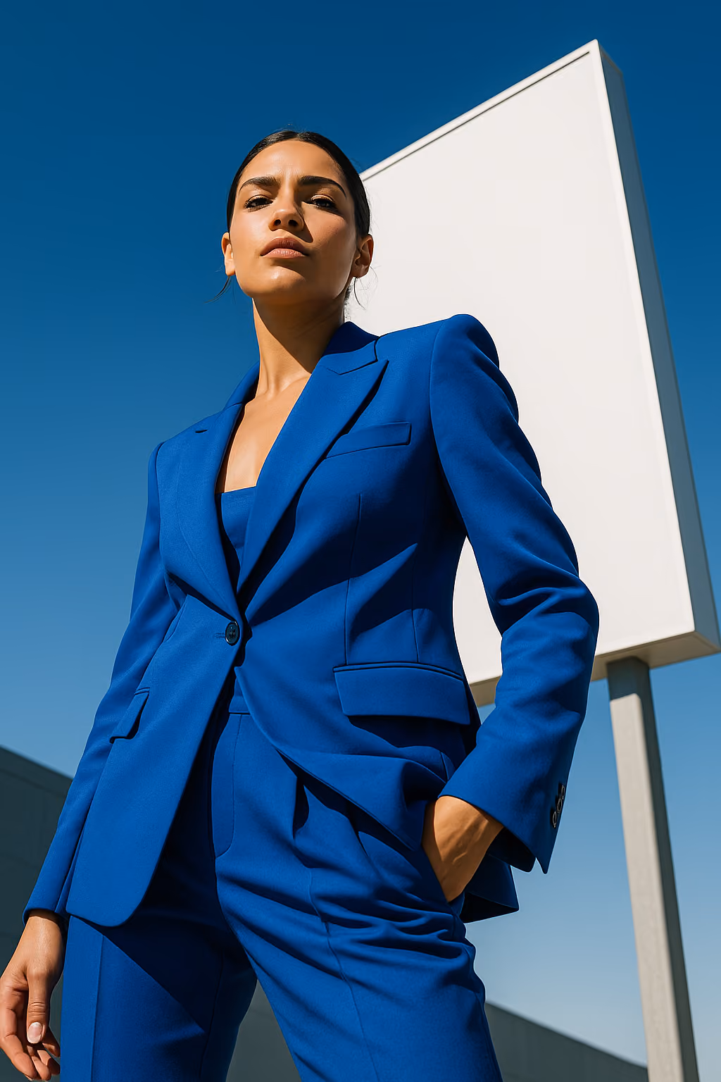 Confident woman in bright blue suit with hand in pocket against blue sky and blank sign.