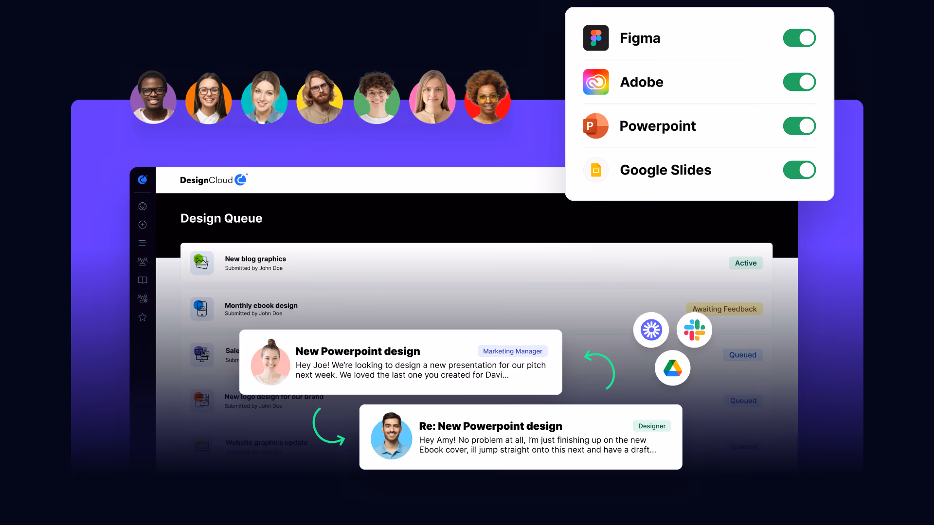 DesignCloud app interface showing a design queue, user avatars, comments, and software toggle switches.